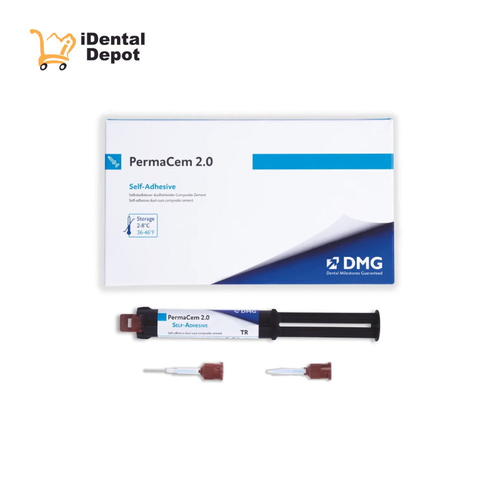 RESINA PARA CEMENTAR
PERMACEM 2.0 A2 – CEMENTO DE RESINA DUAL AUTOADHESIVO / AUTOGRABANTE 1X9GR + 20 PUNTAS